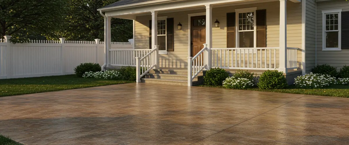 Stained concrete driveway with a decorative finish in front of a modern farmhouse with a white fence and lush greenery.