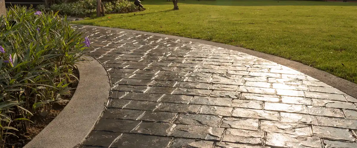 A curved garden pathway showing detailed cobblestone patterned concrete staining, bordered by a smooth concrete edge, green lawn, and purple flowers.