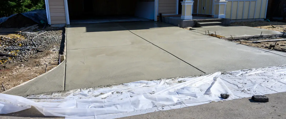 A freshly poured and smoothed concrete driveway slab curing in front of a residential garage, with protective plastic sheeting laid out nearby.