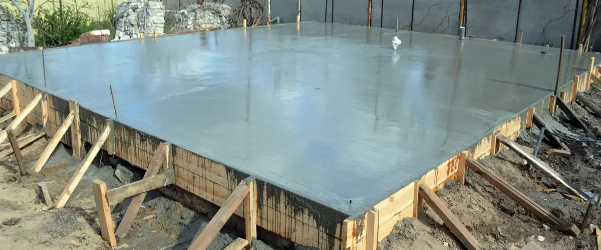 A newly poured, leveled wet concrete foundation completely enclosed in wooden formwork with plumbing pipes protruding from the surface.