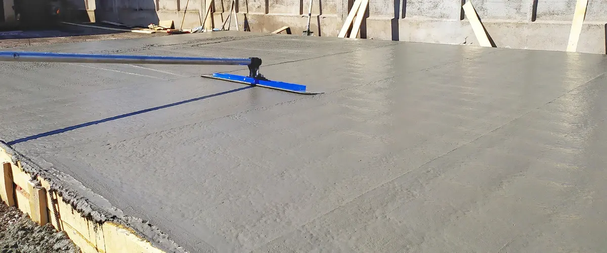 A long-handled blue bull float being pushed across the surface of a freshly poured wet concrete foundation to smooth and level it.