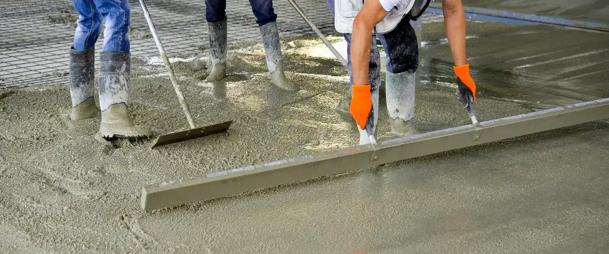 Two construction workers wearing rubber boots using long-handled straight edges for concrete leveling over a wire mesh reinforcement grid.
